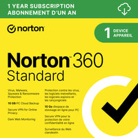 Norton - 360 Standard logiciel antivirus - 1 appareil - abonnement d'un an [téléchargement]-Protection contre les menaces en temps réel: Sécurité avancée avec plusieurs niveaux de protection pour 1 PC, 1 Mac,1 téléphone intelligent ou 1 tablette afin de lutter automatiquement contre les menaces actuelles et nouvelles, y compris différents types de logiciels malveillants, comme les logiciels de rançon, les logiciels espions, les virus, l’hameçonnage, etc.