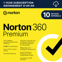 Norton - 360 Premium logiciel antivirus - 10 appareils - abonnement d'un an [téléchargement]-Protection contre les menaces en temps réel: Sécurité avancée avec plusieurs niveaux de protection pour jusqu’à 10 PC, Mac, téléphones intelligents ou tablettes afin de lutter automatiquement contre les menaces nouvelles et actuelles, y compris différents types de logiciels malveillants, comme les logiciels de rançon, les logiciels espions, les virus, l’hameçonnage, etc.