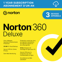 Norton - 360 Deluxe logiciel antivirus - 3 appareils - abonnement d'un an [téléchargement]-Protection contre les menaces en temps réel: Sécurité avancée avec plusieurs niveaux de protection pour jusqu’à 3 PC, Mac, téléphones intelligents ou tablettes afin de lutter automatiquement contre les menaces nouvelles et actuelles, y compris différents types de logiciels malveillants, comme les logiciels de rançon, les logiciels espions, les virus, l’hameçonnage, etc.