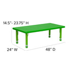 Flash Furniture – Ensemble avec table d’activités rectangulaire réglable de 24 x 48 po et 6 chaises d’école empilables, vert-Coins arrondis de sécurité