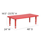 Flash Furniture – Ensemble avec table d’activités rectangulaire réglable de 24 x 48 po et 6 chaises d’école empilables, rouge-Dessus en plastique texturé avec 1,5 po d'épaisseur