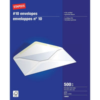 Staples - Enveloppes n° 10 avec rabats gommés, 4 1/8 x 9 1/2 po, 24 lb, blanc, boîte de 500-Enveloppes n° 10 polyvalentes, idéales pour l'envoi de lettres, chèques, factures et autres